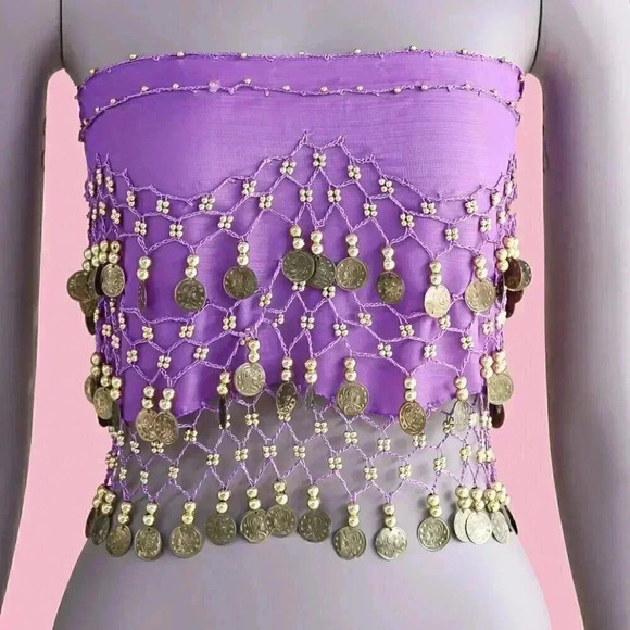 Summer Purple & Gold Beaded Bikini Cover Up Size Small Medium Sheer Beaded Skirt - Picture 1 of 7